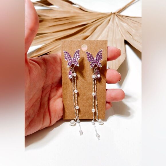 Diamond butterfly dangle earrings S321 - Picture 1 of 4